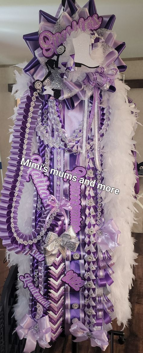 Purple Hoco Mums, Lavender Mums Homecoming, Senior Mums Homecoming White And Purple, Purple And White Homecoming Mum, Purple Homecoming Mum, Purple Mums Homecoming, Purple Quinceanera Theme, Purple Hoco, Hoco Mums