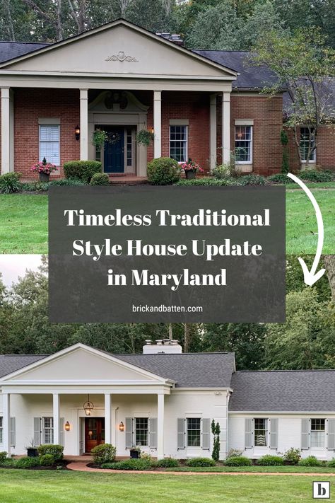 Update A Colonial Exterior, Colonial House Makeover, One Story Brick House Exterior, Traditional Southern Home Exterior, Brick House With Columns, One Story Colonial House, Classic Colonial Homes Exterior, Traditional Brick House Exterior, Colonial House Porch