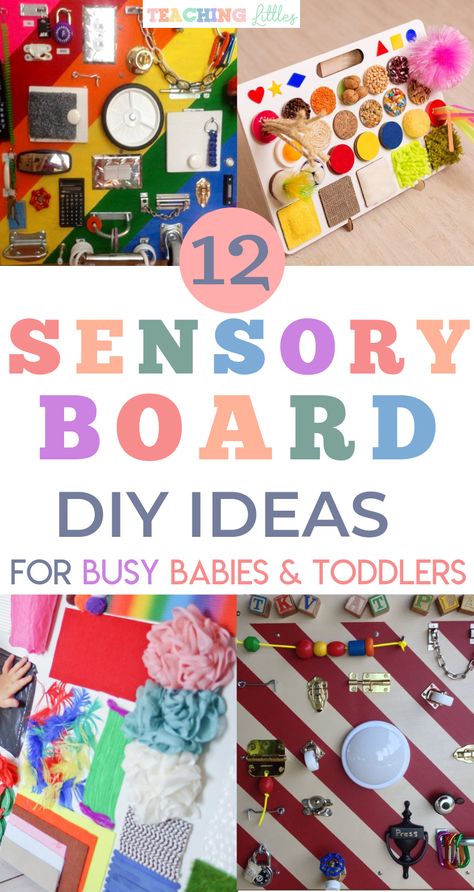 DIY Sensory board ideas to encourage your busy babies and toddlers to explore new textures, objects, and incorporate fine motor skills. Use common household objects or craft supplies from a local home improvement, craft, or dollar store for sensory play. Board Diy Ideas, Sensory Board Diy, Sensory Board Ideas, Baby Sensory Board, Diy Busy Board, Diy Sensory Board, Diy Sensory, Sensory Wall, Baby Sensory Play