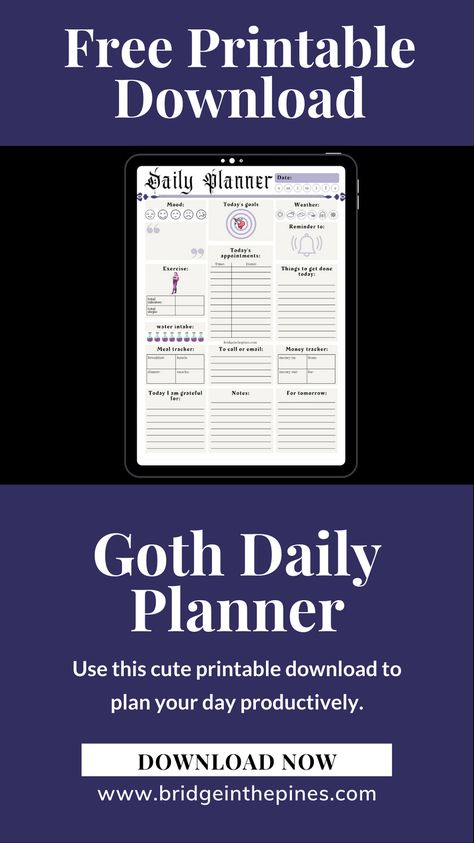 Free Printable Download - Goth Daily Planner. Shows a gothic style planner page. Gothic Planner Printables, Witch Planner Free Printable, Daily Planner Download, Free Planner Pages, Shopping List Template, Witchy Goth, Daily Agenda, Plan Your Day, The Pines