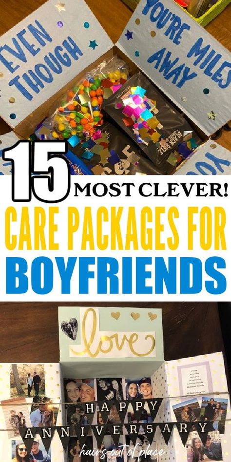 The cutest, most easy gift ideas for your boyfriend look something like these 15 care package ideas! This is the BEST way to let your man know you're thinking of him and is a fun surprise for him to enjoy. If you're needing a good gift idea for your boyfriend for any kind of occasion, care packages are the way to go! Color Themed Gift Baskets For Boyfriend, Care Package Ideas For Long Distance Boyfriend, College Care Package Boyfriend, Boyfriend Package Ideas, Homesick Box Ideas, Homesick Care Package Ideas, Care Package For Husband, Boyfriend Welcome Home Ideas, Welcome Home Present For Boyfriend