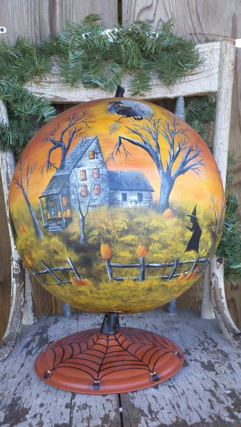 Halloween globe, I have two just lying around think I may have to find myself an artist....lol Globe Diy Projects, Halloween Globe, Globe Projects, Globe Diy, As The World Turns, Old Globe, Painted Globe, Halloween Folk Art, Globe Art