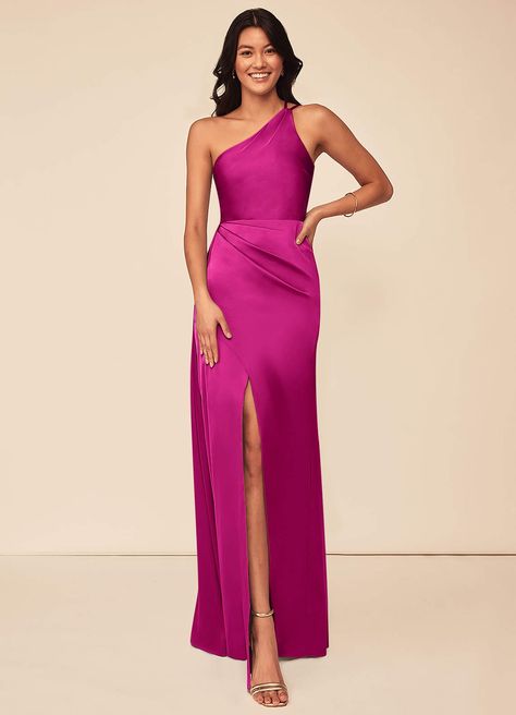 Fuchsia Azazie Maron Stretch Satin Dress Bridesmaid Dresses | Azazie Fuchsia Dress Outfit Wedding, Fuchsia Dress Outfit, Satin Dress Bridesmaid, Fuchsia Bridesmaid Dresses, Stretch Satin Dress, Bridesmaid Dresses Azazie, One Sleeve Dress, Fuchsia Dress, Shoulder Stretch