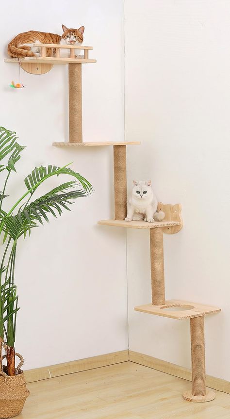 PRICES MAY VARY. 1.Unique Cat Wall Tree with Ladder Design: Our wall-mounted cat tree features a distinctive ladder-style design with four levels, providing an engaging and dynamic space for indoor cat to climb, play,lounge and explore. The fence on the top shelves ensures their safety, while the hanging cute toy encourages interactive play. 2.Great Space Saving Idea: The wall cat tree can be mounted in differnt ways, fit for flat walls or any irregular corners.The corner cat tree is an excellen Cat Tree Wall, Unique Cat Trees, Cat Climbing Wall, Cat Climbing Tower, Cat Furniture Design, Katt Grejer, Cat Ladder, Climbing Tower, Cat Patio