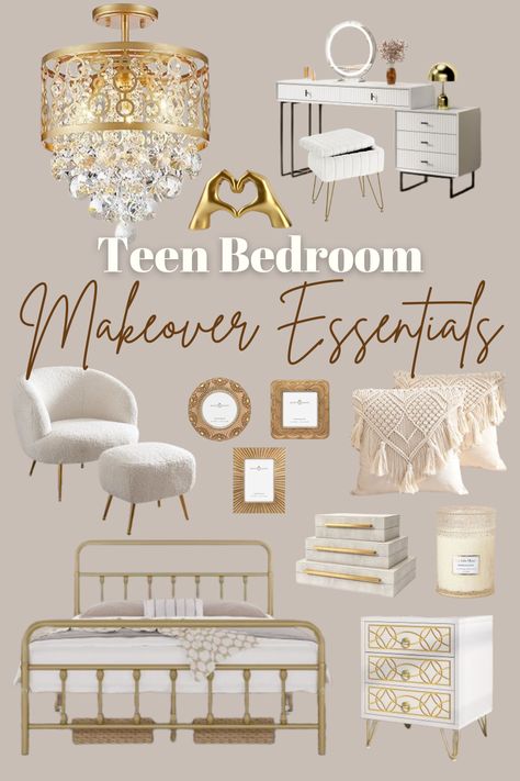 Revamp your teen's bedroom with these makeover essentials! Shop now for trendy furniture, stylish decor, and practical organizers to transform their space into a chic and functional retreat. #teenbedroom #bedroommakeover #teenstyle #homedecor #shopthelook
*As an Amazon Associate I earn from qualifying purchases at no extra cost to you. Thank you for your support! Gold Teen Bedroom, Teen Room Decor For Girls Teenagers, Teen Bedroom Makeover, Gold Room, Bookshelves In Bedroom, Gold Rooms, Trendy Furniture, Flushmount Ceiling Lights