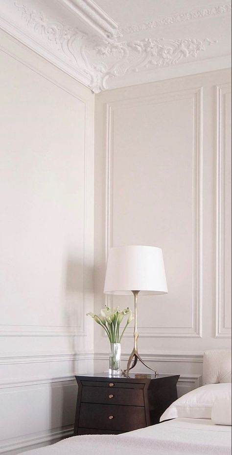 Bedroom Moulding Ideas, Parisian Wall Molding, Parisian Panelling, Bedroom With Moulding, Low Windows In Bedroom, Parisian Molding, Wall Moulding Bedroom, Paneling On Ceiling, Parisian Wall