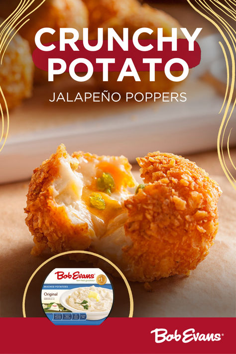 Combine Bob Evans smooth and creamy Original Mashed Potatoes with jalapeños for an appetizer that will turn up the heat at your next party!  #bobevansgrocery #bobevansmashed #appetizer #jalapenopoppers Jalapeno Poppers With Sausage, Simply Potatoes, Mashed Potato Cakes, Jalapeno Popper Recipes, Crunchy Potatoes, Cheese Mashed Potatoes, Potato Croquettes, Loaded Mashed Potatoes, Pepper Recipe