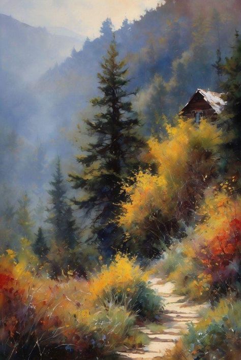 Autumn Cabin, Fall Landscape Painting, Watercolor Art Landscape, Oil Pastels Painting, Oil Painting Inspiration, Calligraphy Art Print, Landscape Art Painting, Nature Drawing, Nature Art Painting