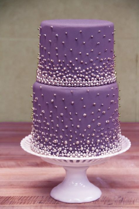 Sophie- this one but pearls instead of silver balls? We really like the ratio of top tier size being only slightly smaller than the bottom tier. We are happy with more tiers if needed also. <3 Burlesque Cake, Gray Cake, Bakery Cupcakes, Wedding Cake Pearls, Vintage Wedding Cake, Pearl Cake, Naked Cakes, Simple Wedding Cake, Wedding Cakes Vintage