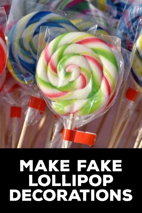 How to Make Fake Lollipop Decorations How To Make Faux Lollipops, Diy Lollypop Decor, Christmas Lollies Ideas, How To Make Large Fake Lollipops, Fake Lollipops Diy Candy Decorations, Lollipop Diy Decoration, How To Make Fake Lollipops, Diy Fake Lollipop, Faux Lollipops Diy