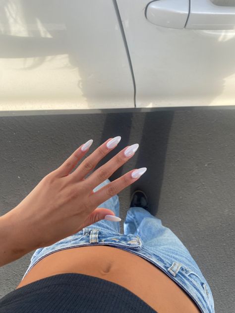 white nails, chrome nails, acrylics, donut glaze nails, candy glaze nails, nail inspo, long nails Chrome Donut Nails, Milky Chrome Almond Nails, Glazed Nails White, Chrome Nails Designs White, Long White Chrome Nails, Sheer White Chrome Nails, White Donut Glaze Nails, Glaze Acrylic Nails, Almond Acrylic Nails Milky White