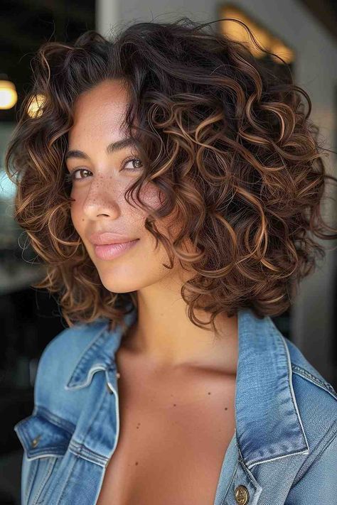 A lively bob featuring bouncy caramel curls with rich, dimensional tones Short Curls Haircut, Color Curly Hair Ideas, Short Curly Hairstyles Side Part, Curly Bob Highlights, Short Curly Hair Balayage, Ombre Hair Caramel, Caramel Curly Hair, Short Curly Hair Cuts, Caramel Curls