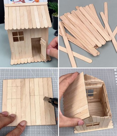 What Can You Make Out Of Popsicle Sticks, Popsicle House Easy, Popsicle Stick Crafts House Easy, Popsicle Stick House Instructions, Craft Stick Crafts Diy Projects, House Made Of Popsicle Sticks, Kids Crafts Popsicle Sticks, Popsicle Stick Gingerbread House, Popsicle Sticks House