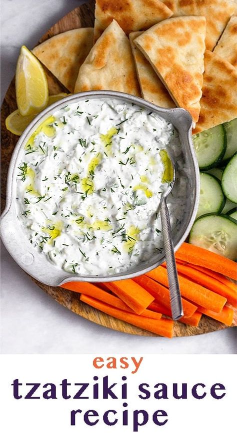 Homemade Greek tzatziki sauce recipe made with greek yogurt, cucumber, and dill and ready in 5 minutes. Use it as a dip, on sandwiches, in bowls, or an appetizer for parties! - Eat the Gains Make Tzatziki Sauce, Gains Recipes, Tzatziki Sauce Recipe Easy, Easy Tzatziki Sauce, Healthy Condiments, Easy Tzatziki, Keto Dips, Lamb Burger, Tzatziki Sauce Recipe