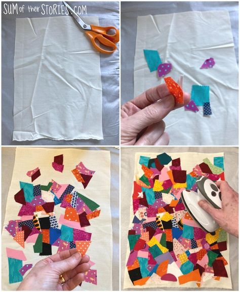 How to make beautiful useable cloth from tiny fabric scraps — Sum of their Stories Craft Blog Cotton Scrap Projects, Fabric Crumbs Projects, Scrap Projects Sewing, Fabric Scraps Ideas Textile Art, Making Fabric From Scraps, Minky Scraps Ideas, How To Make A Scrappy Quilt, Tiny Fabric Scraps Ideas, Fabric Scrap Sewing Projects