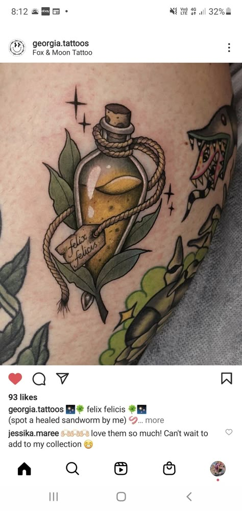 Neotraditional Harry Potter potion bottle Polyjuice Potion Tattoo, Harry Potter Neo Traditional Tattoo, Neotraditional Harry Potter Tattoo, Harry Potter Potions Drawings, Harry Potter Potion Tattoo, Potion Tattoo Bottle, Potion Bottle Tattoo Design, Potion Bottle Tattoo, Perfume Bottle Tattoo