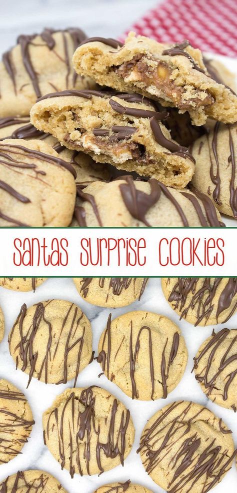 Stuffed Christmas Cookies, Stuffed Desserts, Surprise Cookies, Snickers Cookies, Surprise Cookie, Gf Cookies, Chewy Peanut Butter Cookies, Fair Food, Peanut Butter Cookie