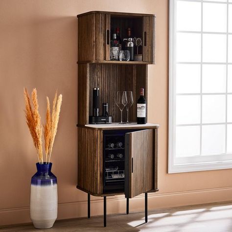 Wall Mounted Liquor Cabinet, Mini Bar Ideas Small Spaces, Bar Cabinet With Fridge, Liqour Cabinet, Small Bar Cabinet, Integrated Wine Cooler, Alcohol Cabinet, Tall Bar Cabinet, Modern Bar Cabinet