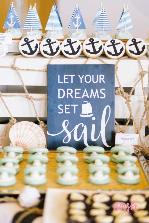 100th Day Nautical Birthday Party | CatchMyParty.com Nautical Birthday Party Decorations, Cruise Theme Parties, Sailing Party, Sailor Party, Bon Voyage Party, Nautical Birthday Party, Nautical Themed Party, Cruise Party, Nautical Birthday