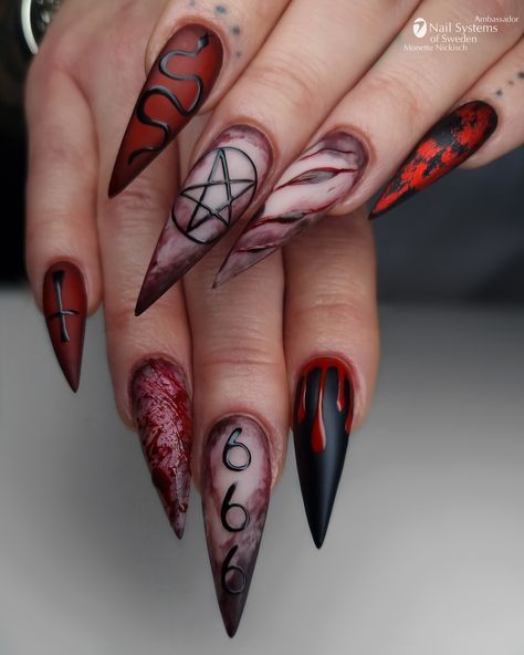 Dark Red Spooky Nails, Demon Acrylic Nails, Demonic Nail Art, Nail Ideas Horror, Evil Nail Designs, Halloween Nails Red Black, Goth Toe Nail Designs, Demon Nail Art, Vampiric Nails