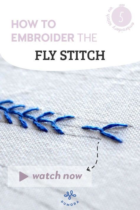 Learn how to embroider the fly stitch with video instructions! Fly Stitch Tutorial, Fly Embroidery Stitch, How To Embroider Flowers Videos, Embroidery Lessons Video Tutorials, Fly Stitch Design, Fly Stitch Embroidery Design, Embroidery Fly Stitch, Fly Stitch Embroidery, How To Embroider By Hand