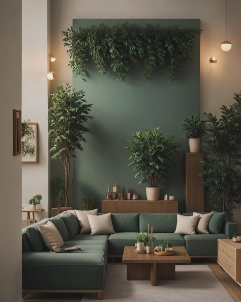 Green Forest Sofa, Japandi Green Sofa, Forest Green Sofa, Living Room Design Green, Living Room Plants Decor, Japandi Living Room Design, Japandi Living Room, Green Interior Design, Japandi Living