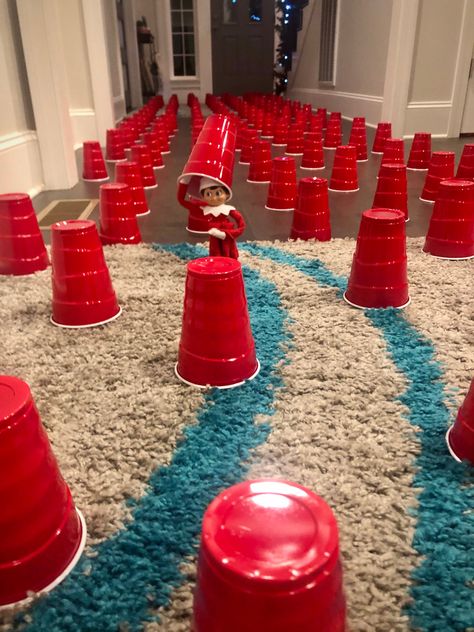 Elf Solo Cup, Elf On The Shelf Red Solo Cups, Elf On The Shelf Cup Game, Elf On The Shelf Ideas With Gifts, Elf Day One, Scout Elf Ideas, Elf Ideas Easy, Awesome Elf On The Shelf Ideas, Red Solo Cup