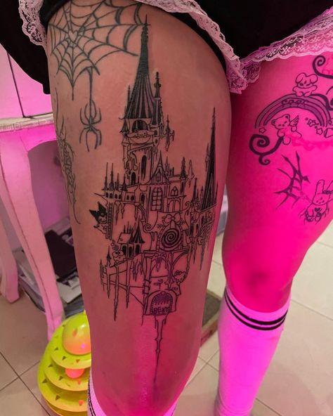 #sanriotat #castletat #emotat Ever Long Tattoo, Weird Thigh Tattoos, Emo Thigh Tattoo, Thigh Tattoos Women Goth, Alt Tats, Monster High Tattoo, Gore Tattoo, Mode Gyaru, Goth Tattoos