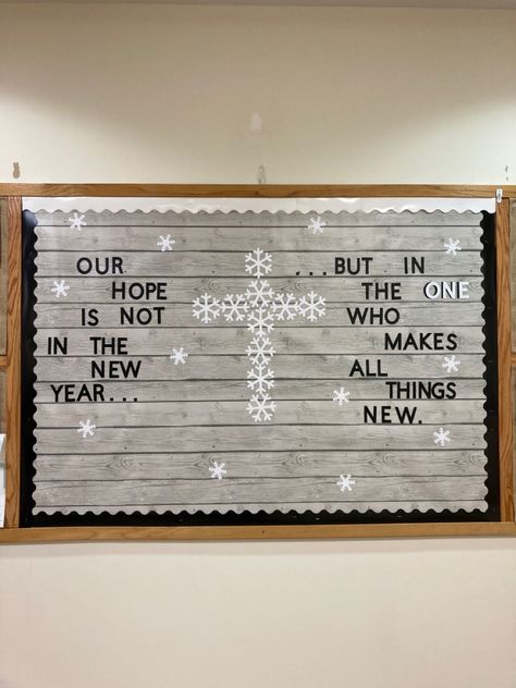 New Years Church Decoration Ideas, Church New Year Bulletin Boards, December Church Bulletin Boards, New Years Church Bulletin Boards, Church Winter Bulletin Boards, January Church Decorations, Winter Christian Bulletin Boards, New Year Church Bulletin Board Ideas, January Church Bulletin Boards