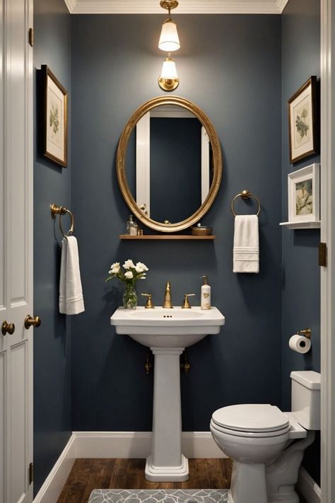 Navy Powder Room Ideas Small, Sinks For Half Bath, Small Half Bathroom Vanity, Tiny Hall Bathroom Ideas, Small Powder Bath Layout, Dark Navy Small Bathroom, Entry Way Bathroom Ideas, White And Blue Powder Room, Pretty Half Bathroom