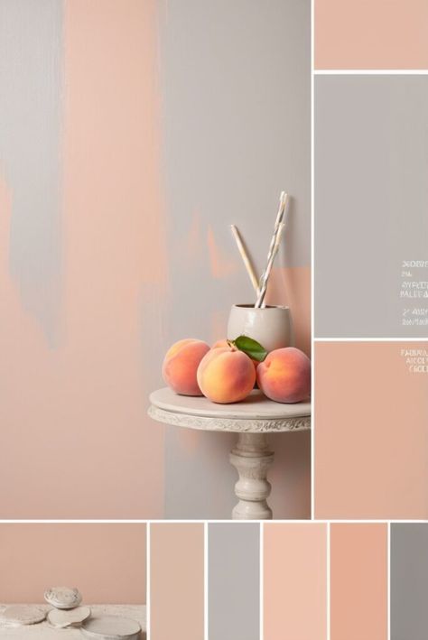 Sherwin Williams Silver Strand, Coral Accent Walls, Walnut Wood Kitchen, Cherry Wood Kitchen Cabinets, Peach Color Schemes, Pine Kitchen Cabinets, Peach Rooms, Mood Board Living Room, Coral Room