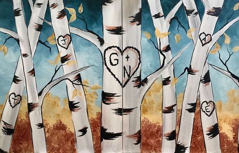 Couples Painting, Painting Love Couple, Couples Canvas Painting, Initial Canvas, Pinots Palette, Painting Parties, Couples Canvas, Birch Tree Painting, Couple Painting