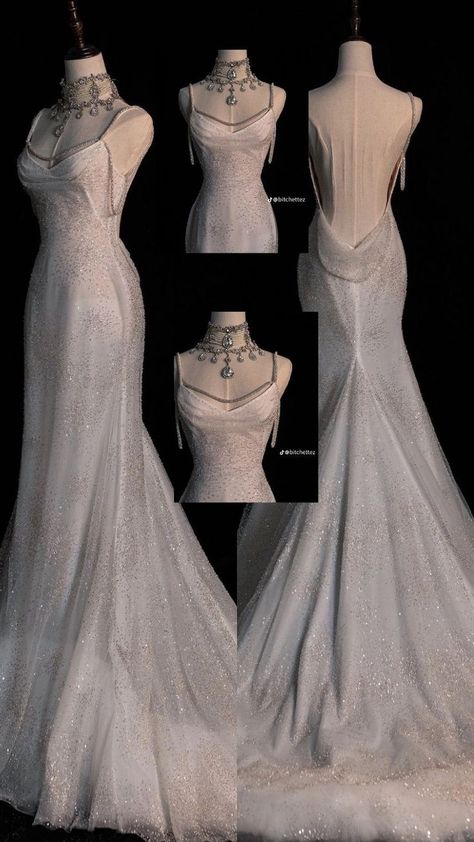 #weddingdresses Fitted Silhouette Wedding Dress, Vintage Wedding Dress Silk, Very Fancy Dresses, Unique Fancy Dresses, Elegant Wedding Look, White Prom Dresses Aesthetic, Wedding Dresses Magical, Big Fancy Dresses, Wedding Dress Vegas Style