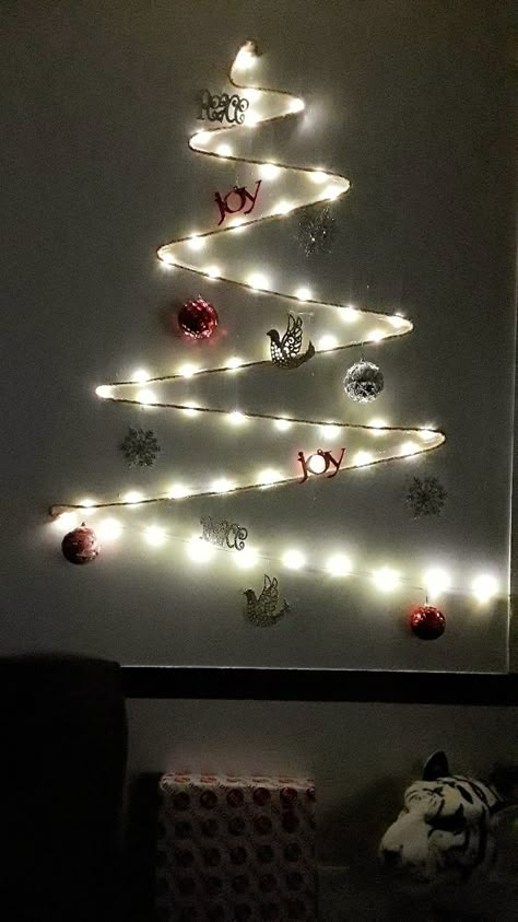 Looking a lot like Christmas !  Christmas light tree 2018 Tree Made Of Lights, Christmas Tree Fairy Lights, Christmas Tree Made Of Lights, Tree Design On Wall, Fairy Lights Photos, Christmas Tree Fairy, Starry Lights, Wall Christmas Tree, Fairy Lights Bedroom