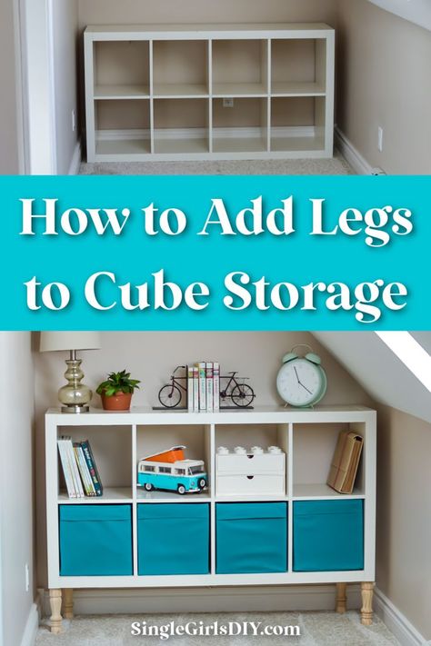 white cube storage unit before and after adding furniture legs Add Legs To Cube Organizer, Storage Shelves Ikea, Shelves Ikea, Diy Cube Storage, Shabby Chic Patio, Kallax Shelving, Kallax Hack, Ikea Kallax Hack, Cube Storage Shelves