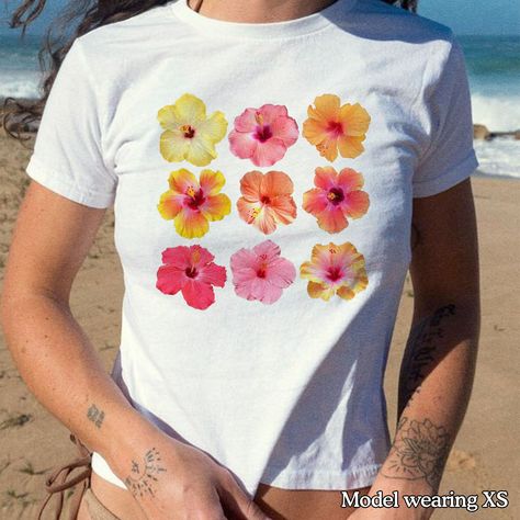 Hibiscus Flower Baby Tee, Graphic Print Baby Tee, Trendy Y2K Tshirt, Summer Graphic Print Baby Tee Flower, Coconut Girl Aesthetic Coconut Girl Aesthetic, Y2k Tshirt, Cute Shirt Designs, Coconut Girl, Flower Graphic, Baby T Shirts, Hibiscus Flower, Baby T Shirt, Hibiscus Flowers