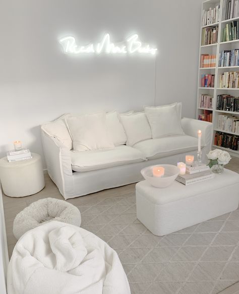 Living room. White sofa. White couch. Bedroom Decor With Couch, White Cozy Living Room Small Spaces, White Couch White Coffee Table, Room Ideas Aesthetic With Couch, Couches In Bedroom, Couch Area In Bedroom, Room With Couch And Bed, Sofa For Bedroom Couch, Room Couch Ideas Bedrooms