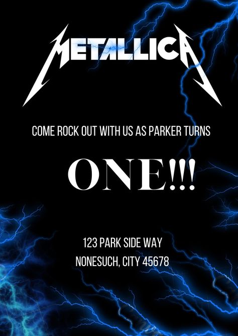 Metallica one first birthday party invitation Metallica Birthday Party, Metallica Birthday, 30 Rock, First Birthday Invitations, First Birthday Party, Birthday Party Invitation, Birthday Party Invitations, First Birthday, Birthday Invitations