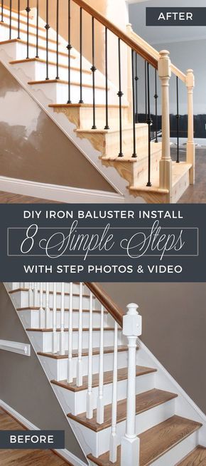 DIY Wrought Iron Baluster (Stair Spindle) Install with Step Photos and How To Video. How to install iron stair balusters in 8 simple steps - it's easy! Replacing Stair Balusters, Diy Iron Balusters, How To Install Railing On Stairs, Wrought Iron Stair Balusters, Stair Spindle Ideas, Stair Railings Metal, Bannister Ideas, Wrought Iron Stair Spindles, Banister Ideas