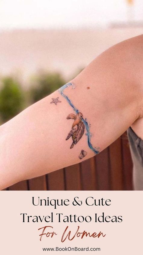 Unique & Cute Travel Tattoo Ideas For Women Travel Tattoo Cover Up, Watercolor Travel Tattoo Ideas, Best Friend Beach Tattoo Ideas, Moon With Sun Tattoo, Tattoos To Get While Traveling, Travel Bracelet Tattoo, Cozumel Tattoo Ideas, Couple Beach Tattoo Ideas, Watercolor Travel Tattoo