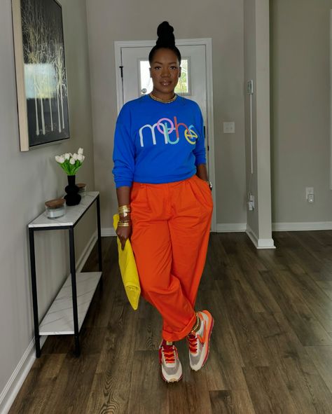 ~Recap of the OOTD~ Swipe to see the look styled with sneakers as well. Watch the previous reel for step by step details! 🧡💙💛 . 📌Shop exact and similar options to this look on my @shop.ltk page linked in my bio. . ✨What I’m wearing: *Sweatshirt: @motherdenim *Pants: @amazonthedrop *Sneakers: @nike via @stockx (linked on LTK) *Heels: @aldo_shoes *Clutch: @cortnieelizabeth *Necklace: @imanijewelryco (gifted) *Bracelets: @amazonfashion *Earrings: @etsy. Linked on my LTK. . . . #theglamcor... Orange Sweatshirt, Red Sweatpants, Sneaker Outfits Women, Over 50 Womens Fashion, Teacher Outfits, Sneakers Outfit, Aldo Shoes, Womens Casual Outfits, Earrings Etsy