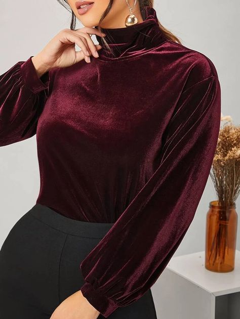 SHEIN High Neck Lantern Sleeve Velvet Top | SHEIN USA Velvet Tops Outfit, Velvet Dress Designs, Velvet Sleeve, Women Sweatshirts, Sweatshirt Fabric, Velvet Top, Suspender Dress, Women T Shirts, Velvet Tops