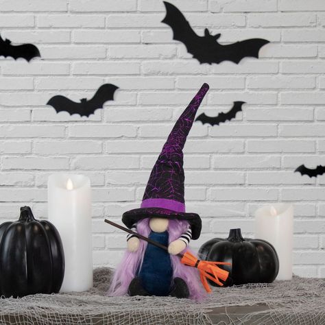 15" Black & Purple Halloween Gnome Witch with Broom | Michaels Black And Purple Halloween, Gnome Witch, Witch With Broom, Long Purple Hair, Bulbous Nose, Gnome Dress, Witch Gnome, Purple Spider, Spider Web Design