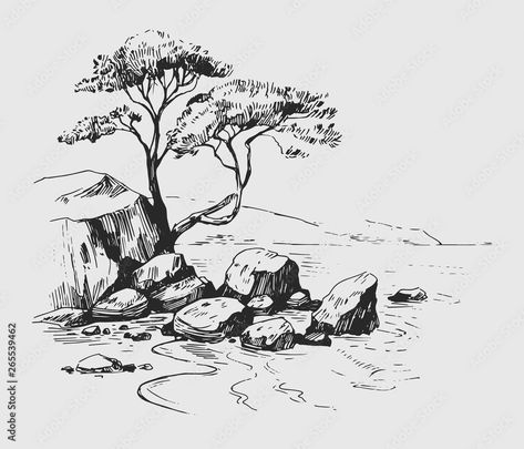 Download Sea sketch with rocks, pine tree and mountains. Hand drawn illustration converted to vector Stock Vector and explore similar vectors at Adobe Stock. Sea Sketch, Stylo Art, Ink Drawing Techniques, Landscape With Mountains, Drawing Rocks, Landscape Pencil Drawings, Ink Pen Art, Nature Art Drawings, Nature Sketch