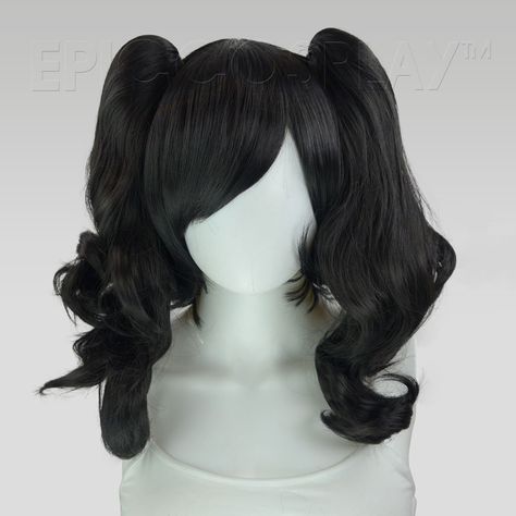 Rhea Black Pigtail Wig Set This Black pigtail wig set uses our 14" Chronos style as a base for two of our 20" clip-on ponytails to create a a fun and versatile pigtail style. The base wig is a short bob cut style that frames the face and can be worn independently, with only one clip, or with both clips. Each 20" ponytail comes with a large alligator claw clips at its base, making it easy to attach onto any portion of the base wig where there is wefting. Clip the ponytails of this Black pigtail w Black Wig Ponytail, Black Hair Pigtails, Celeste Core, Black Pigtails, Bob Cut Styles, Pigtail Wig, Short Bob Cut, Oc Things, Hair References