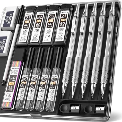 Nicpro 5 PCS Art Mechanical Pencil Set, Metal Drafting Pencils 0.3, 0.5, 0.7, 0.9, 2mm Graphite Lead Holder (4B 2B HB 2H Colored Lead) For Writing Sketching Drawing With 9 Lead Refills Eraser Case : Amazon.co.uk: Stationery & Office Supplies Nicpro Mechanical Pencil, Metal Mechanical Pencil, Best Mechanical Pencil, Drafting Pencil, Lead Holder, Art Studio Room, Artist Pencils, Led Pencils, Sketching Drawing