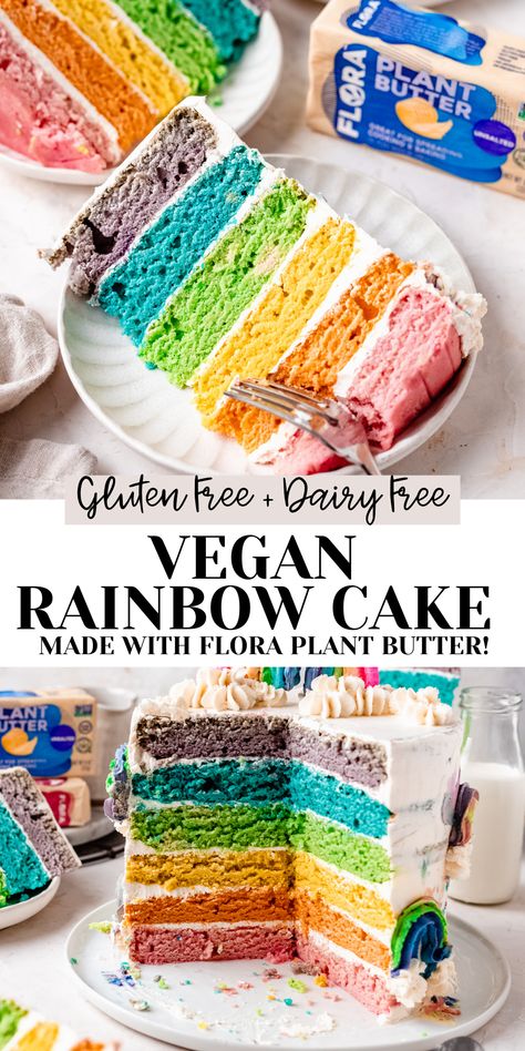 Easy Vegan Rainbow Cake Recipe (Natural Colors!) Dairy Free Rainbow Cake, Vegan Rainbow Cake, Vegan Cake Decorating, Rainbow Colored Cake, Dairy Free Buttercream Frosting, Pride Cakes, Vegan Cake Frosting, Dairy Free Buttercream, Plant Butter