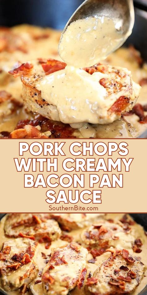 This recipe for Pork Chops with Creamy Bacon Pan Sauce combines juicy pork chops with an easy garlic and bacon cream cheese pan sauce. It makes an amazing weeknight dinner for the whole family! Bacon Ranch Pork Chops, Pork Chops With Bacon, Deviled Pork Chops Cooks Country, Pork Tenderloin Chops Boneless, Easy Bacon Recipes Dinners, Bacon Wrapped Pork Chop Recipes, Sauce For Stuffed Pork Chops, Bacon Pork Chop Recipes, Pork Chops With Bacon Recipes