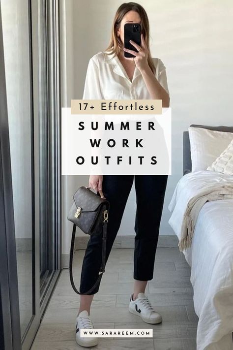 Looking for summer work outfits that look effortlessly stylish for any office setting? You'll love this list of 17+ work outfit ideas to copy this summer 2024. Workwear With Sneakers Summer, Trendy Casual Office Outfits, Black Jeans Office Outfit Summer, Summer Commuter Outfit, Work Wear Women 2024, Cute Trendy Work Outfits, Work Outfits 2024 Summer, Summer Outdoor Work Outfits, Work Pants And Sneakers