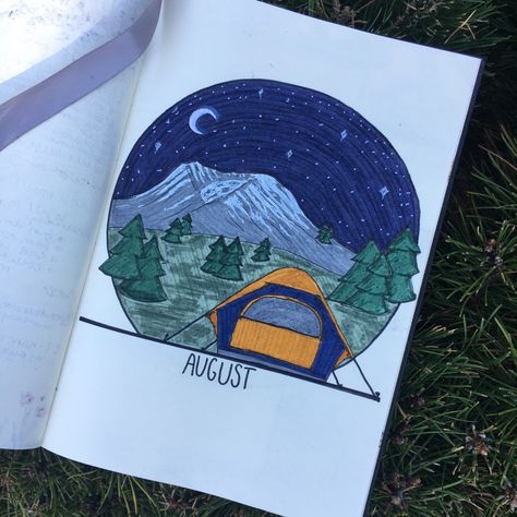 August Bujo Cover, Camping Bujo Theme, August Bullet Journal Cover Ideas, Picnic Bullet Journal, Summer Bullet Journal Cover, Camping Bullet Journal, Bullet Journal Camping Theme, August Bujo, Pretty Lettering